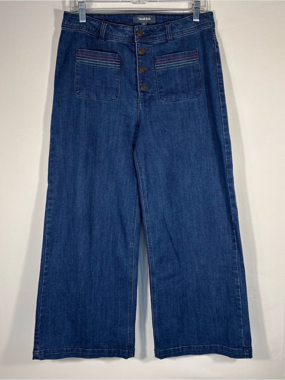 ModCloth Rainbow Stitch Wide Leg Cropped Button Fly Jeans Size 12